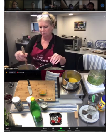 Anne-Marie Gloster cooking in her home kitchen during a NUTR course lab. 